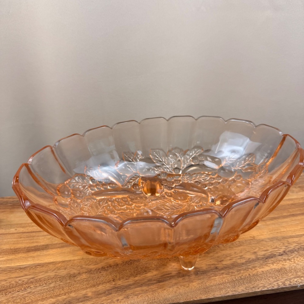 Indiana Glass Garland Pink Oval Footed Bowl Embossed Fruit Scalloped Rim Vintage